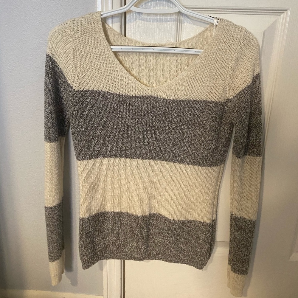 Grey and off white striped sweater